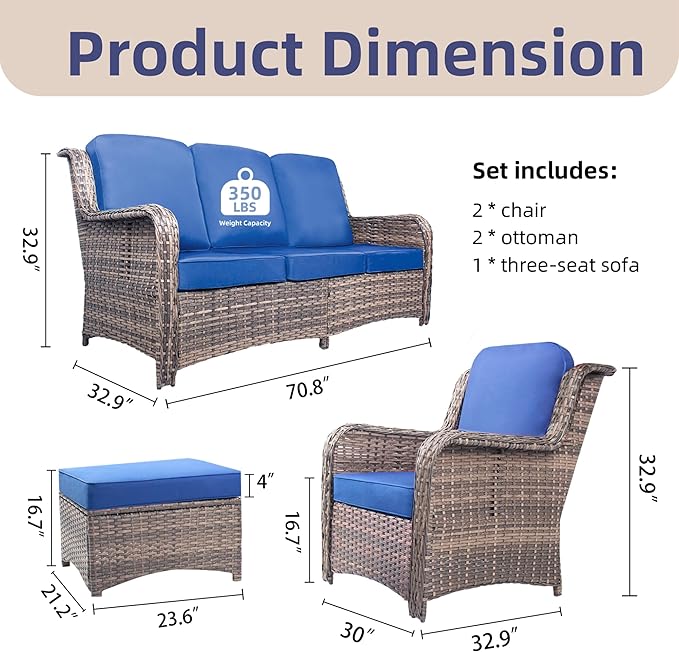 Wicker Patio Furniture Set, 33" High Back Chairs with 4" Thick Cushions, 5 Pieces Outdoor Seating Furniture, Conversation Set with Ottomans for Lawn Yard Porch, Blue