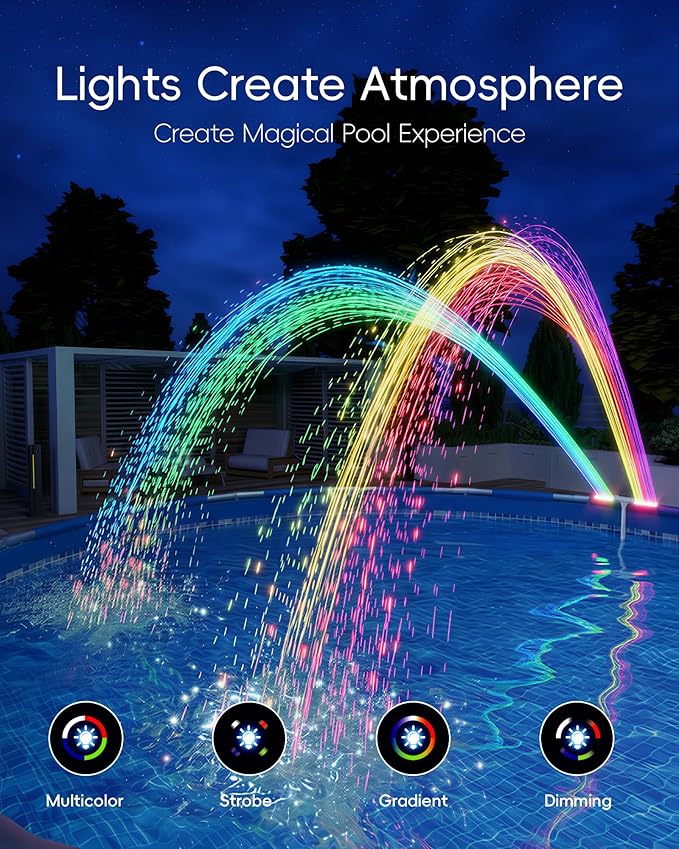 POOLHOUR Pool Fountain with 10 Colors Rainbow Lights for Above Ground/Inground Pools, Dual-Head Adjustable Pool Waterfall & Pool Sprinkler with Timer, 5000mAh Battery, Remote-Controlled, Grey