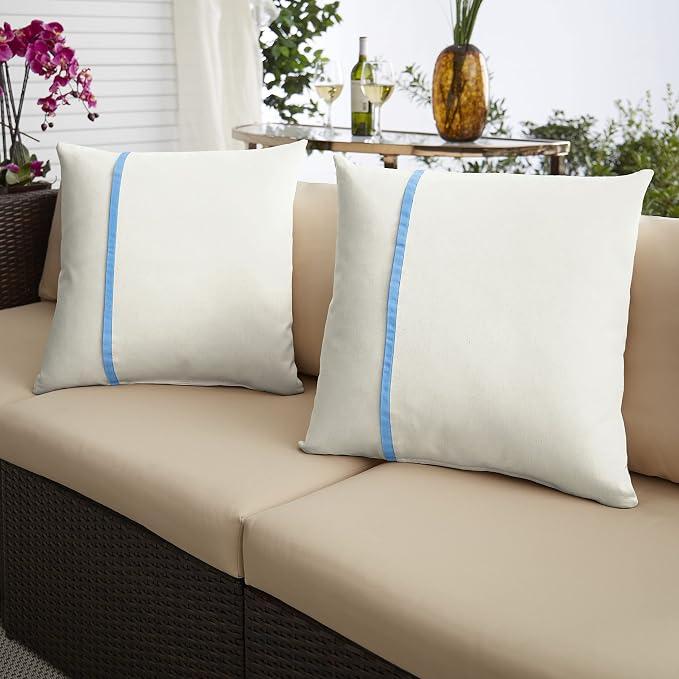 Sorra Home Indoor Outdoor Sunbrella Square Pillows, Set of 2, 20x20, Canvas Natural Ivory & Capri True Blue