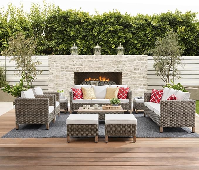 9 Pieces Outdoor Patio Furniture Sets, Wicker All Weather Sectional Sofa with Metal Top Coffee Table, Rattan Conversation Set, Couch Furniture for Backyard, Garden, Porch, Poolside, Beige Cushions