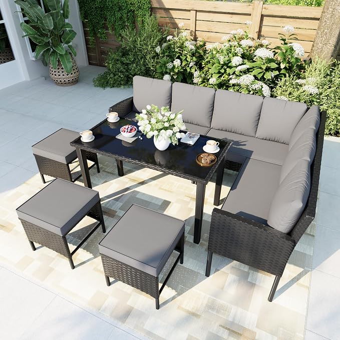 7 Pieces Outdoor Dining Set, Wicker Conversation Patio Furniture with Glass Table, L-Shaped PE Rattan Sectional Sofa Seating with Ottomans for Outside, Backyard, Balcony, Garden, Gray Cushions
