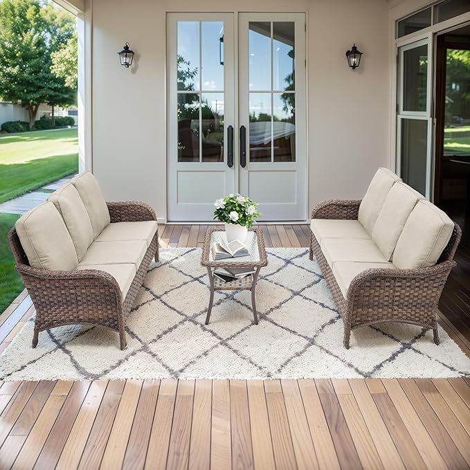 3 PCS Patio Furniture Set, 2 Outdoor Wicker Sofas with Coffee Table, 4-Inch Thick Olefin Cushions & Curved Armrests, 300 lbs Capacity Rattan Conversation Set for Porch, Garden, Beige