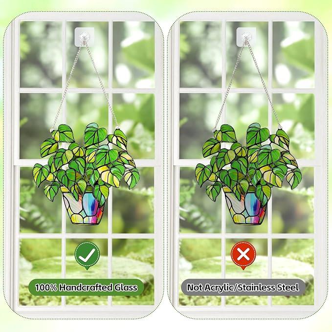 Stained Glass Plant Suncatcher Window Hanging, Marzovitra 10 Inch Real Glass Potted Green Leaves Sun Catcher with Chain Botanical Sun Catcher Window Decor for Home Garden, Plant Lover Gift