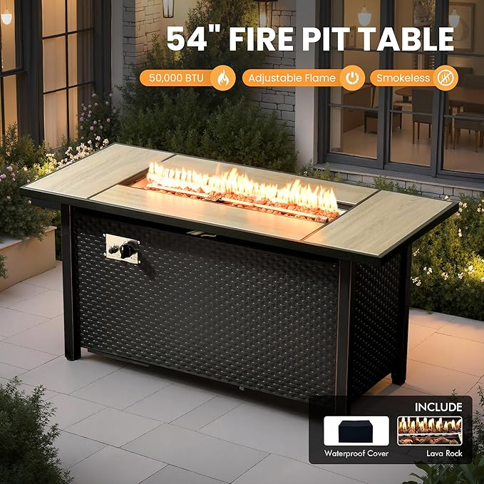 9 Pcs Outdoor Sectional Patio Furniture Set with Fire Pit Table and Swivel Rocking Chairs - All Weather Wicker Modular Outside Sectional Sofa Couch,Patio Seating Outdoor Conversation Sets,Dark Grey