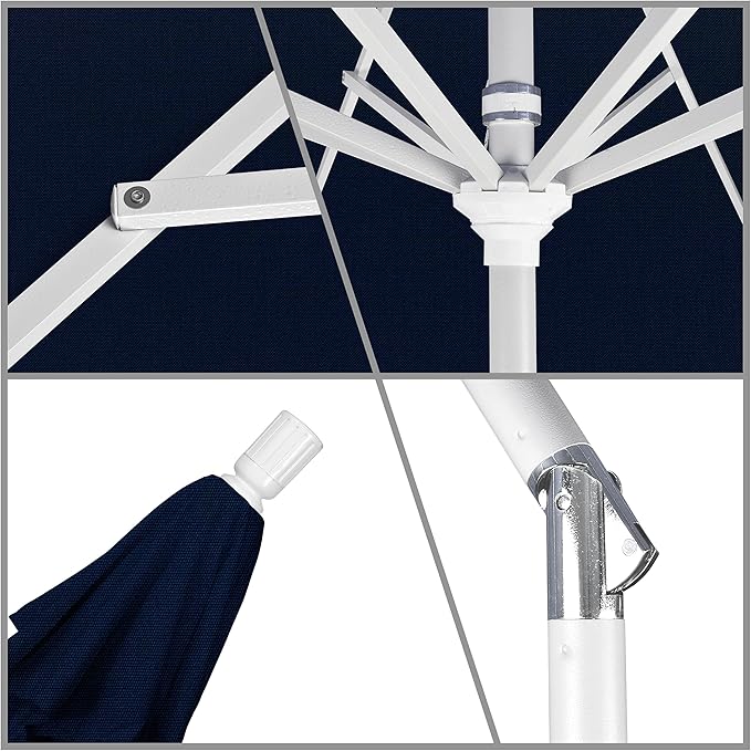 California Umbrella 9' Round Aluminum Market Umbrella, Crank Lift, Collar Tilt, White Pole, Pacifica Pacific Blue