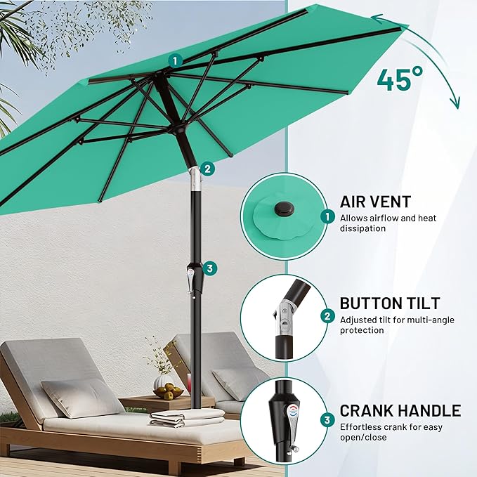 AreShark 10 FT Outdoor Patio Umbrella, Patio Table Umbrella with Push Button Tilt and Crank, Outdoor Patio Umbrellas with 8 Fiberglass Ribs, Patio Umbrellas for Market, Garden, Pool (Aqua Sky)