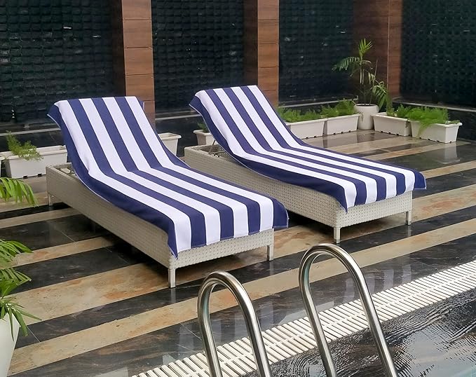 COTTON CRAFT Pool Lounge Chair Cover - 2 Pack - Chaise Beach Picnic Spa Towel - Cabana Stripe - Soft Premium Ringspun Terry Cotton - Oversized - 32 inch Wide x 82 inch Long with 7 inch Pocket – Navy
