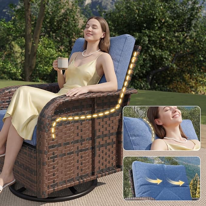 LazySunsets 9 Piece Outdoor Patio Furniture Set with Coffee Table, Wicker Rattan Outdoor Furniture with High Back Swivel Rocker Chairs, Outdoor Conversation Set with Thick Cushion & Ottoman, Navy Blue