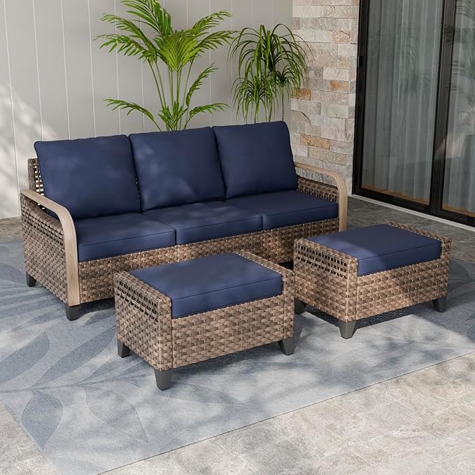 EAGLE PEAK Modern Wicker Outdoor Patio Furniture Set, Patio Conversation Set, a 3-Seat Loveseat and 2 Ottomans, 3 Pieces, Brown/Blue
