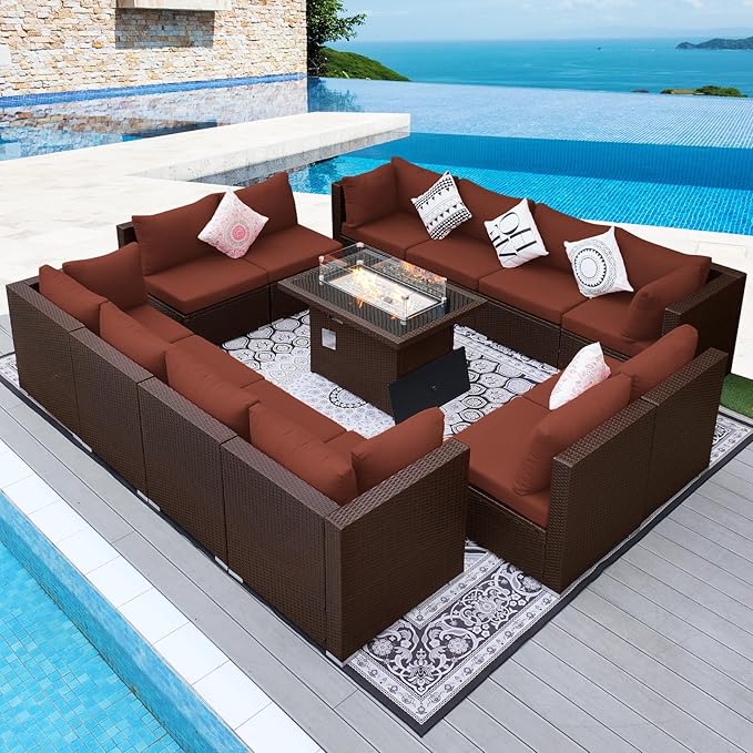 NICESOUL 13 Piece Patio Furniture w/Fireplace, Elegant Outdoor Seating w/Firepit, XL 29.3'' High Back Sectional Sofa, All-Weather Rattan Deck Couch, Modular Sturdy Conversation Set, Brown & Red