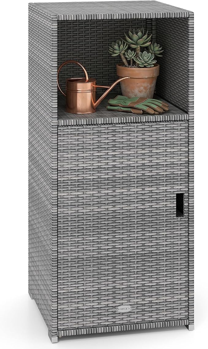 Tangkula Rattan Outdoor Storage Cabinet, Patiojoy PE Wicker Outdoor Cabinet with 3 Storage Shelves, Open Compartment and Door, Patio Storage Deck Box for Porch, Poolside, Backyard