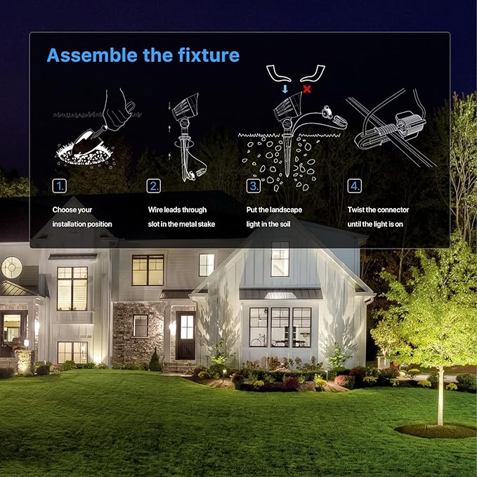 GOODSMANN Low Voltage Spotlights Landscape Lighting 5W LED Outdoor Floodlights 2700K Warm White Replaceable LED Outside Hardwired Lighting with Metal Stake Cable Connector