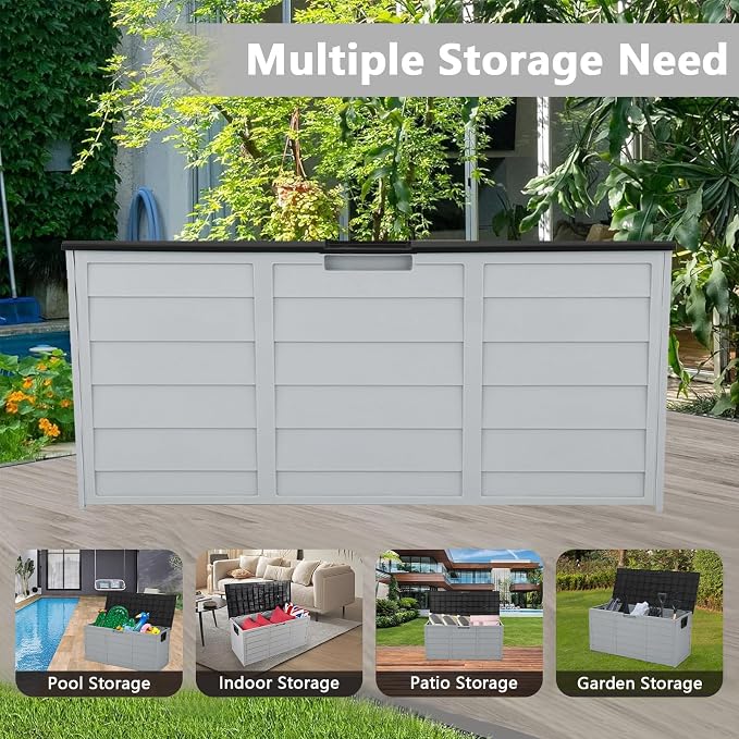 75 Gallon Outdoor Deck Box, Waterproof Storage Box with Wheels, Lockable Wheels, Patio Storage Box Storage, Resin Structure for Garden,Patio (Gray)
