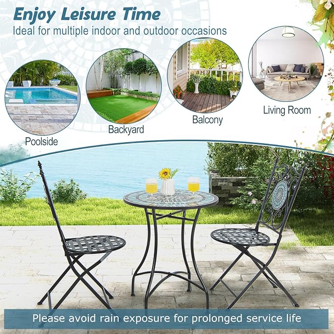 Giantex 24 Inch Patio Bistro Table, Mosaic Round Table w/Ceramic Tile Tabletop, Heavy-Duty Metal Structure, Outdoor Dining Table for Backyard, Garden, Porch (Blue & Black (Sun Pattern))