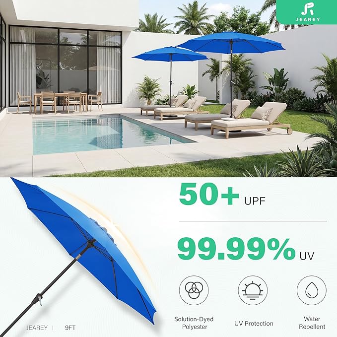JEAREY 9FT Outdoor Patio Umbrella,Market Table Umbrella with 8 Fiberglass Ribs, Pool Umbrella with Tilt and Crank, UV Protection Lightweight & Wind-Resistant for Lawn, Garden, Deck and Backyard, Royal Blue