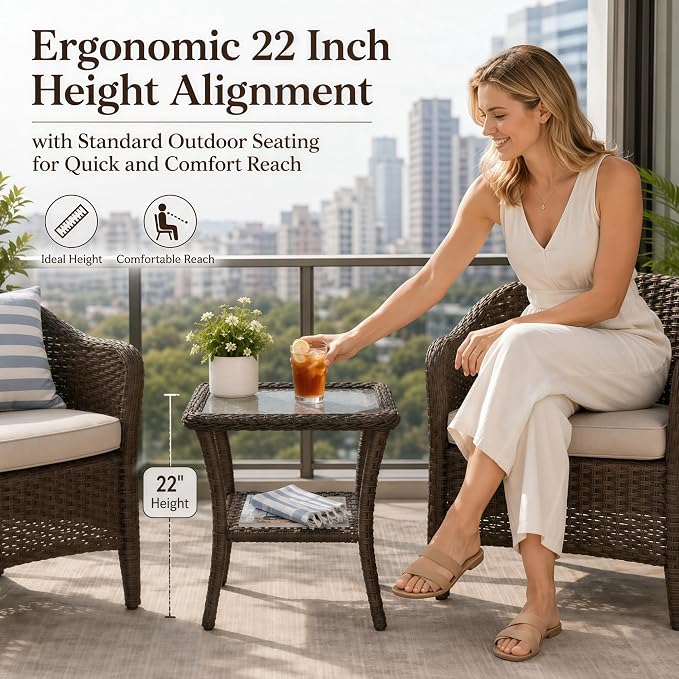 HUMMUH 20x20 Inch Wicker Patio Side Table with Glass Top, Espresso Brown | Powder-coated aluminum frame, PE rattan, lower storage shelf, 66 lb weight capacity, 20x20x22 inch dimensions