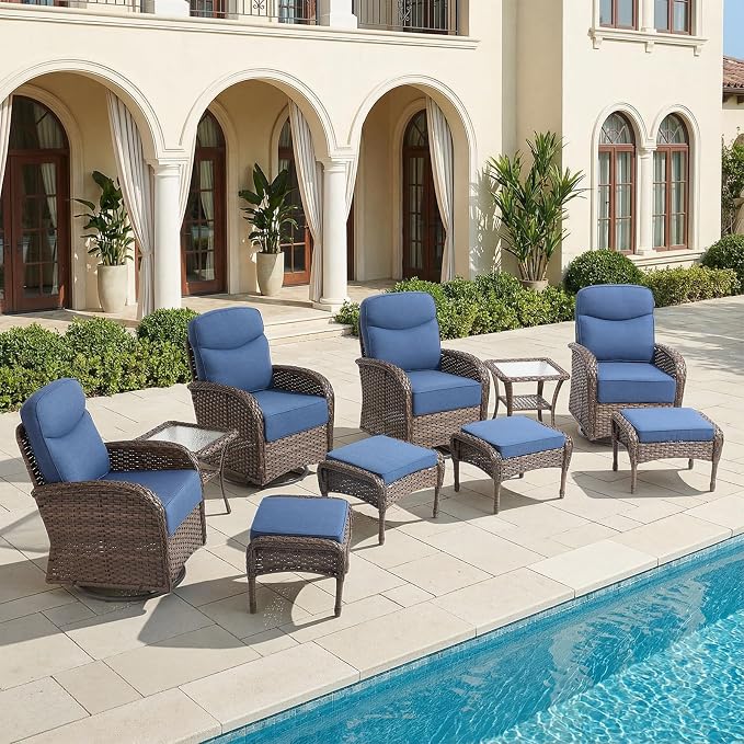 HUMMUH 4PCS Outdoor Swivel Rocker Patio Chairs with Ottomans,Luxury 6-inch Thick Cushion,High Back Patio Furniture Set,Wicker Conversation Set for Deck Yard and Poolside
