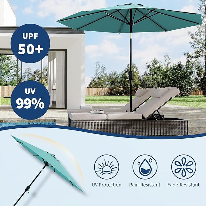 Garvee 10 ft Outdoor Patio Umbrella 8 Sturdy Ribs Outdoor Table Umbrella with Crank Lift & Push Button Tilt - UV Protection Waterproof Market Umbrellas for Pool, Deck, Yard, Garden, Lake Blue
