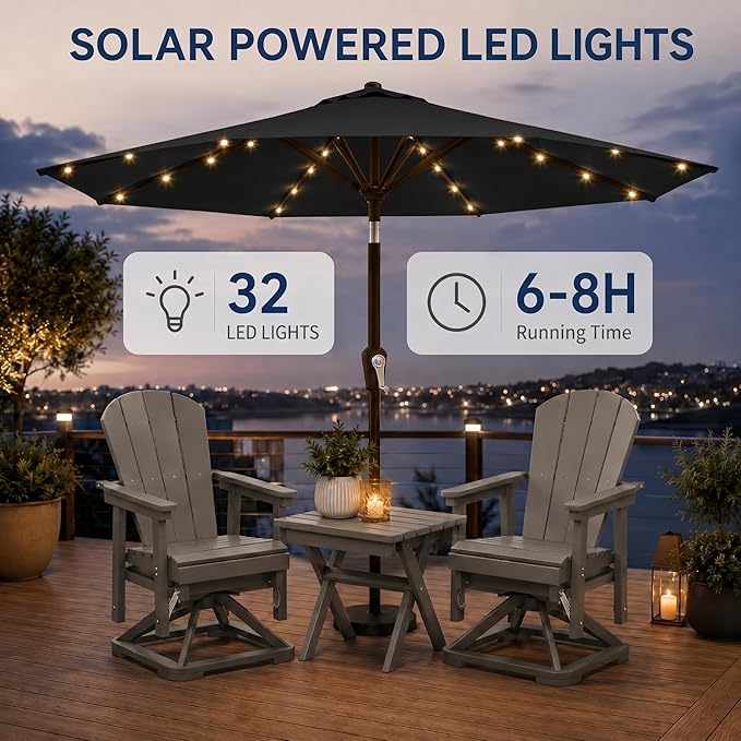 11FT Solar Patio Umbrella with Lights, Outdoor Table Market Umbrella with 32 LED Lights, 8 Sturdy Ribs, Smooth Crank Lift for Pool, Deck and Garden, UV-Resistant