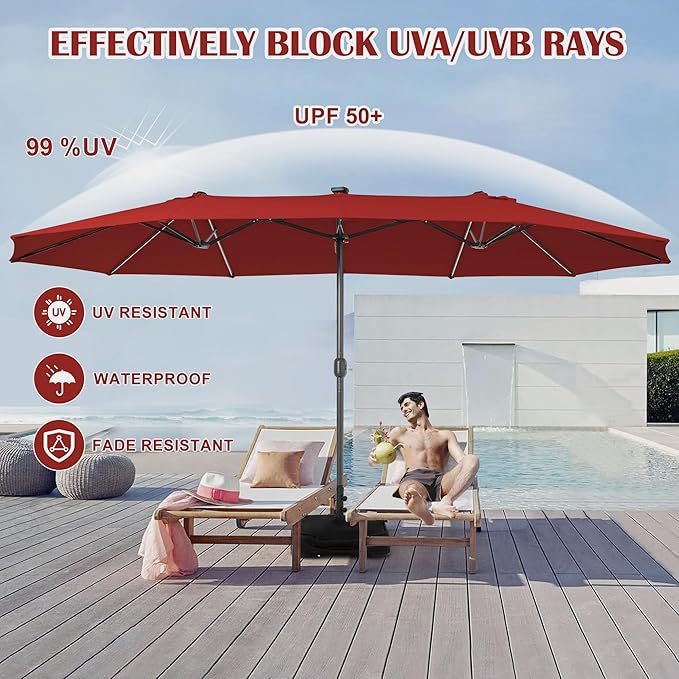 Sundale Outdoor Solar 144 LED 15 ft Patio Umbrella with Sandbag Base Included and Cover, Outdoor Double-Sided Umbrella with Lights