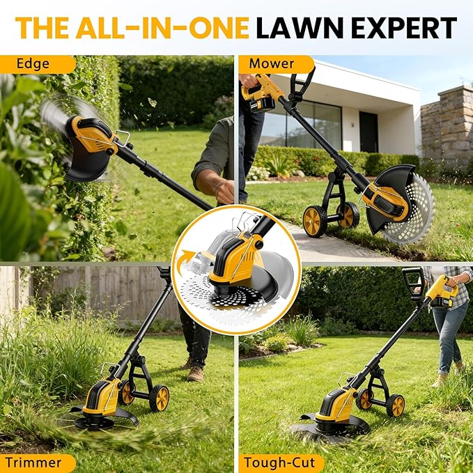 21V 800W Brushless Cordless Weed Wacker, 12 Inch Electric Weed Eater with Wheels, 2×3000mAh Batteries Included & 4 Cutting Blades for Lawn Garden Yard Maintenance