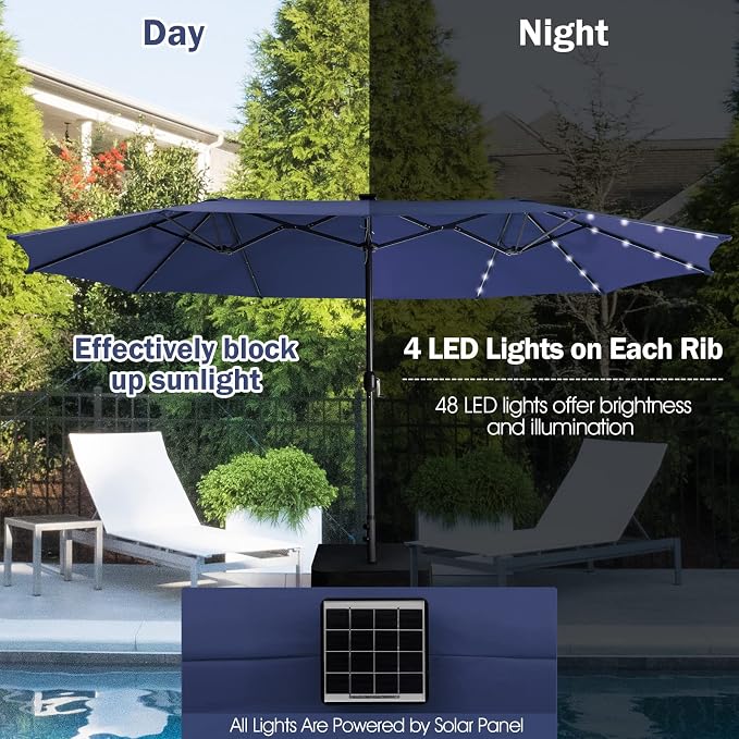 Tangkula 11 Pieces Patio Dining Set with 15 ft Double-Sided Patio LED Umbrella (Base Included), Outdoor Rattan Furniture Set with 8 Armchairs, 1 Rectangular Acacia Wood Dining Table (Navy)
