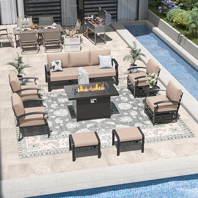 Kullavik Aluminum Patio Furniture Set with Propane Fire Pit Table,9-seat Metal Outdoor Furniture w/Swivel Chairs,Patio Sectional Sofas w/2 Ottomans for Porch,Backyard,Poolside-Sand