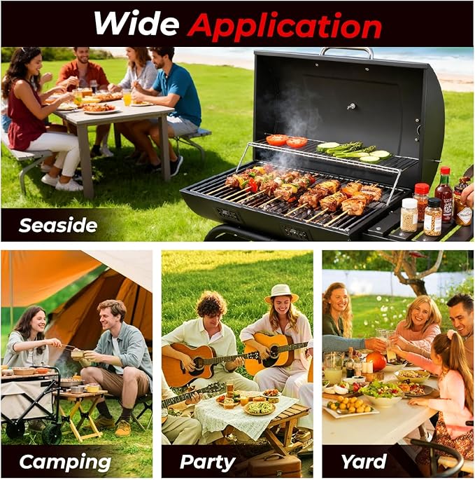 VINGLI Upgraded Barrel Charcoal Grill with 2 Sides Table, BBQ Grill Outdoor Smoker with Wheels for Party Garden Patio and Backyard Cooking 39''D × 24''W × 46''H (Upgraded Grill w/Side Table)