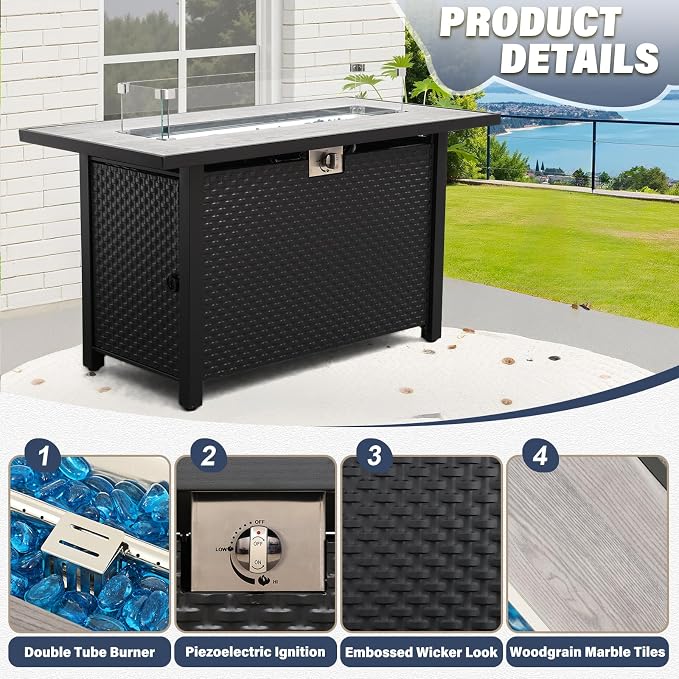 Rattan Star 4 Piece Patio Furniture Set 45 Inches Fire Pit Table Outdoor Furniture Sets Patio Couch Outdoor Chairs 50000 BTU Propane Fire Pit with No-Slip Cushions and Waterproof Covers, Navy Blue