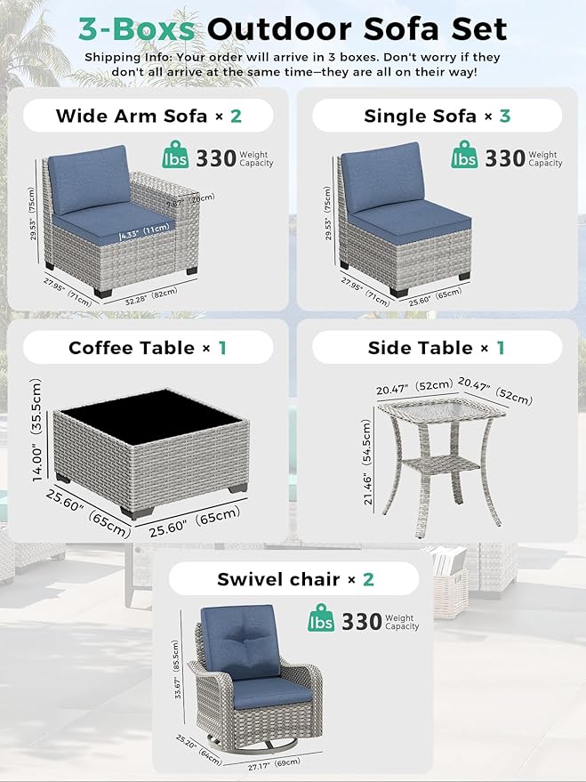 9 Piece Outdoor Wicker Rattan Sectional Sofa Set with Swivel Chairs, 7-Seats Conversation Set with 4" Thickened Cushions & Coffee Table, All-Weather PE Rattan for Garden, Backyard, Porch, Blue