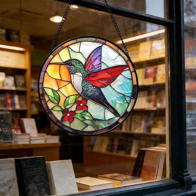 DASTOLL Stained Glass Window Hanging, Hummingbird Gifts Sun Catchers Diamond Glass Panel Hangings Birds Suncatcher Decor for Birthday for Women, Men, Wife, Aunt, and Mom 11.8x11.8 in