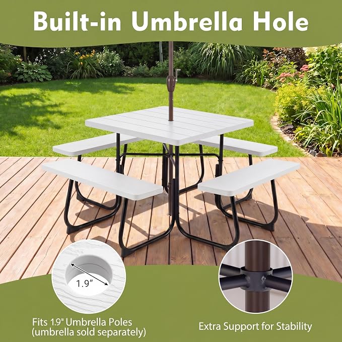GYMAX Picnic Table Bench with Umbrella Hole, 8 Person Square Outdoor Picnic Table with Metal Frame & HDPE Tabletop, Camping Table for BBQ Yard Patio, 2300LBS Capacity (White)