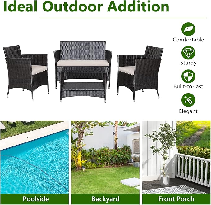 HAPPYGRILL 4 Pieces Rattan Patio Furniture Set, Mix Brown Wicker Sofa Set with Soft Seat Cushions, 2-Tier Tempered Glass Coffee Table, Outdoor Rattan Conversation Set for Backyard Poolside