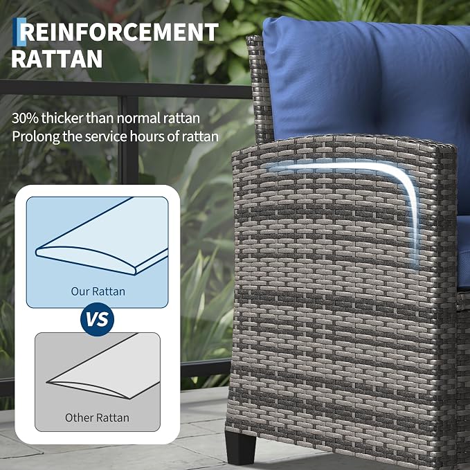 GarveeTech 3-Piece Outdoor Patio Furniture Set, PE Rattan Wicker Chairs with Tempered Glass Side Table & Washable Cushions, All-Weather Conversation Set for Porch, Deck, Balcony or Garden (Gray/Blue)