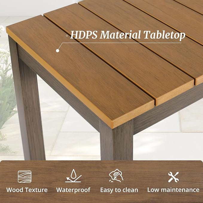 Cozyman Outdoor Bar Table Set of 2, 38" Patio Bar Height Counter Table, Weather Resistant, Waterproof HDPS Slatted Top Console Table for Hot Tub, Balcony, Yard, Indoor or Outdoor Use, Teak