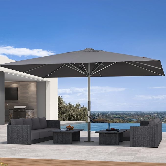 PURPLE LEAF 11 x 15 FT Extra Large Commercial Rectangle Patio Umbrella Oversized Market Umbrella with Semi-Auto Open Maximum Coverage for Resort Hotel Cafe Restaurant Poolside and Garden Business Use Grey