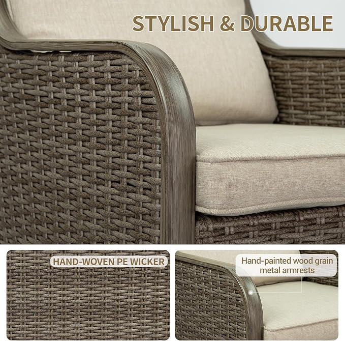Loungewave Swivel PE Wicker Chairs, 3 Piece Patio Furniture Set, Outdoor Swivel Chairs Set of 2 with Rattan&Metal Side Table, Outdoor Furniture Set for Porch Balcony Garden Poolside (Brown/Beige)
