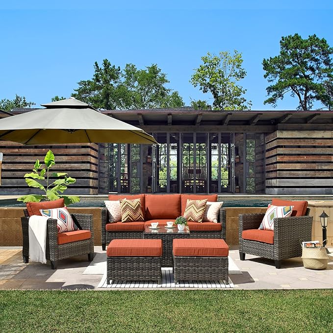ovios 6 Pieces Patio Furniture Set, Outdoor Wicker Rattan Sofa Couch with Glass Table, Chairs, Comfy Cushions, Conversation Sets for Porch Deck Garden, Orange Red