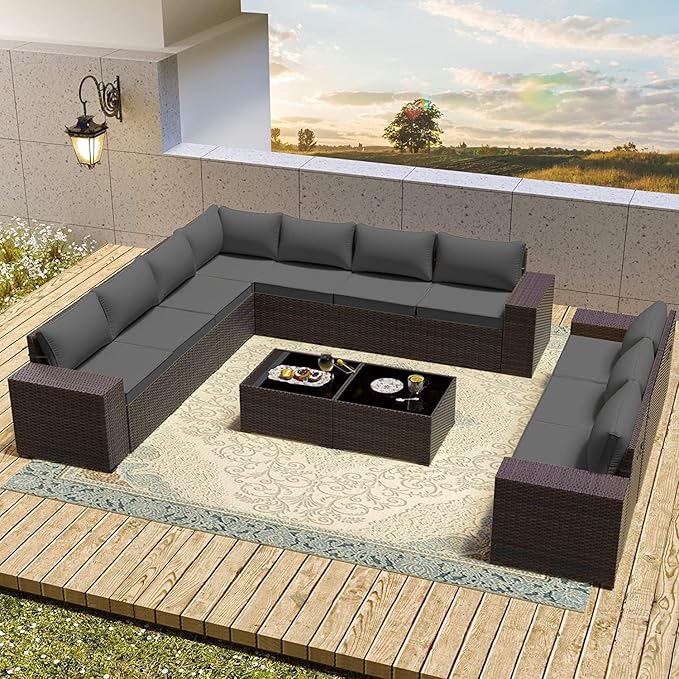 12 PCS Outdoor Patio Furniture Set,Outdoor Sectional Furniture All Weather PE Rattan Wicker Patio Conversation Set with 2 Coffee Tables and 10 Thickened Cushions,Grey