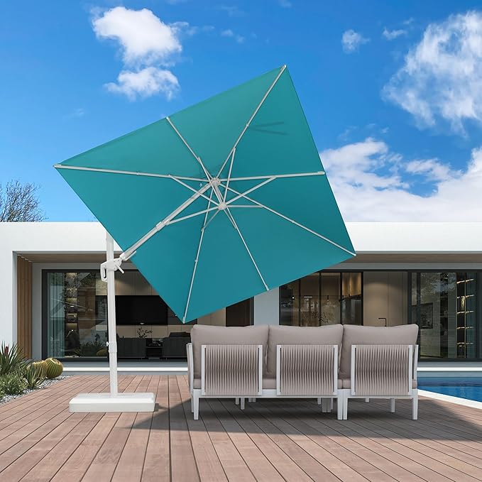 PURPLE LEAF 8' X 11.5' Right-left Tilt White Cantilever Umbrella with Base Patio Outdoor Swivel Umbrellas with Aluminum Tilt Offset Umbrella with 360° Rotation for Deck Pool, Turquoise