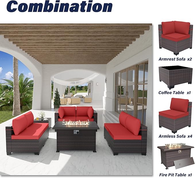 Kurapika 8 Pieces Patio Furniture Set, Rattan Wicker Outdoor Conversation Sets w/43in Propane Fire Pit Table and 4 Inch Cushion(Red)