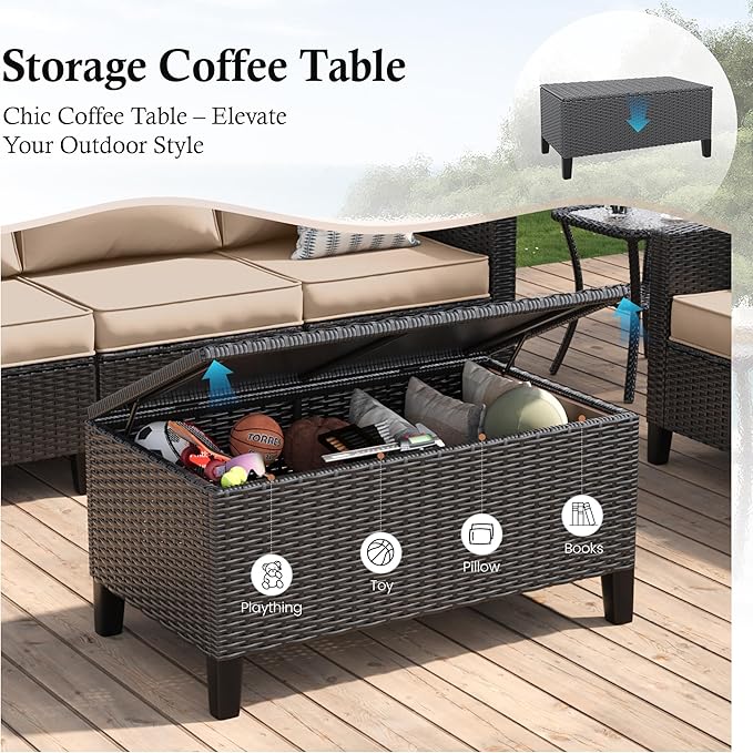 Amopatio Patio Furniture Set, 6-Piece Wicker Outdoor Sectional Sofa with Swivel Rocker Chairs, Rattan Conversation Set with Storage Coffee Table and Waterproof Cover for Backyard Black/Khak