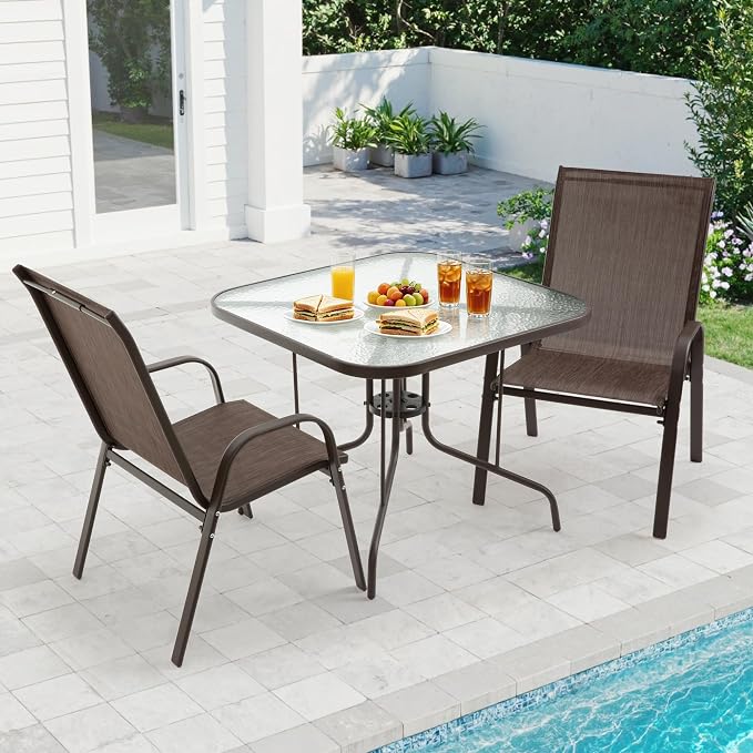 Patio Dining Table for 4 with Umbrella Hole, Outdoor 5 Piece Dining Set 36" x 36", Brown, for Garden Backyard Poolside Front Proch Outside