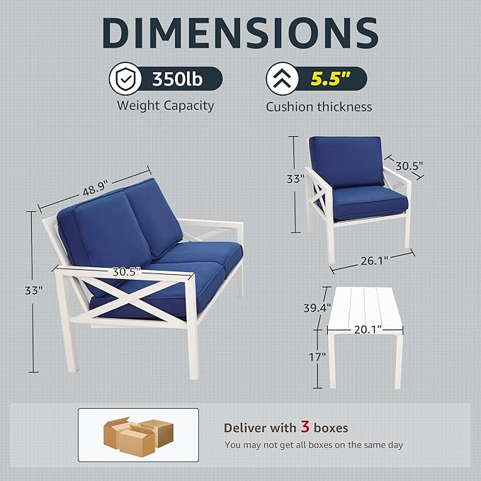 NATURAL EXPRESSIONS Outdoor Patio Furniture 4 Pieces Set, Modern Patio Conversation Sets, Outdoor Sectional Metal Sofa with 5.5 Inch Cushion and Coffee Table for Balcony, Garden