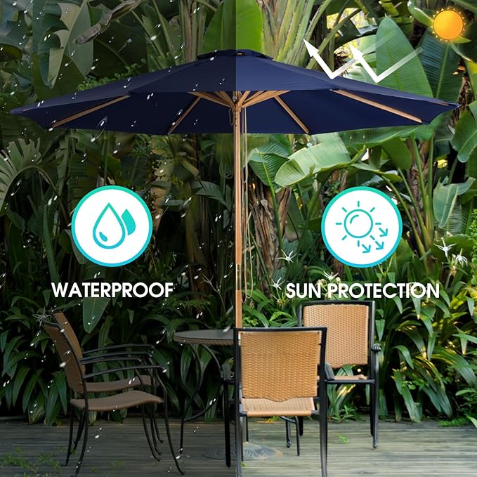 9ft Wooden Umbrella, Outdoor Patio Umbrella, Wood Market Umbrella, Patio Umbrella Wood Pole with Pulley Lift for Garden, Yard, Deck, Pool, Market