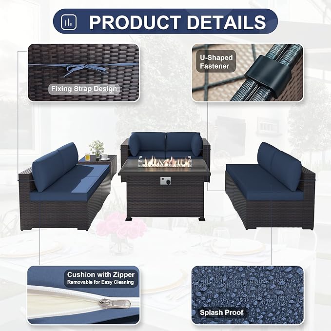 Patio Sofa Set 10-Pieces PE Rattan Swivel Rocking Chairs Outdoor Furniture Set w/43in Gas Fire Pit Table, Navy Blue
