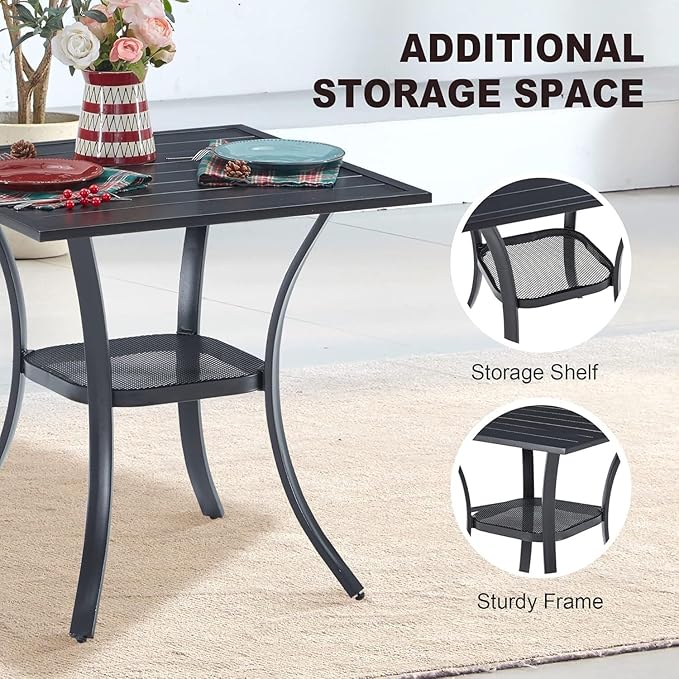 VICLLAX 3 Pieces Outdoor Dining Set, Patio Furniture Set Includes 27.6" Square Metal Table W/ 1.9" Umbrella Hole and 2 Padded Textilene Swivel Chairs for Porch, Lawn, Garden, Backyard