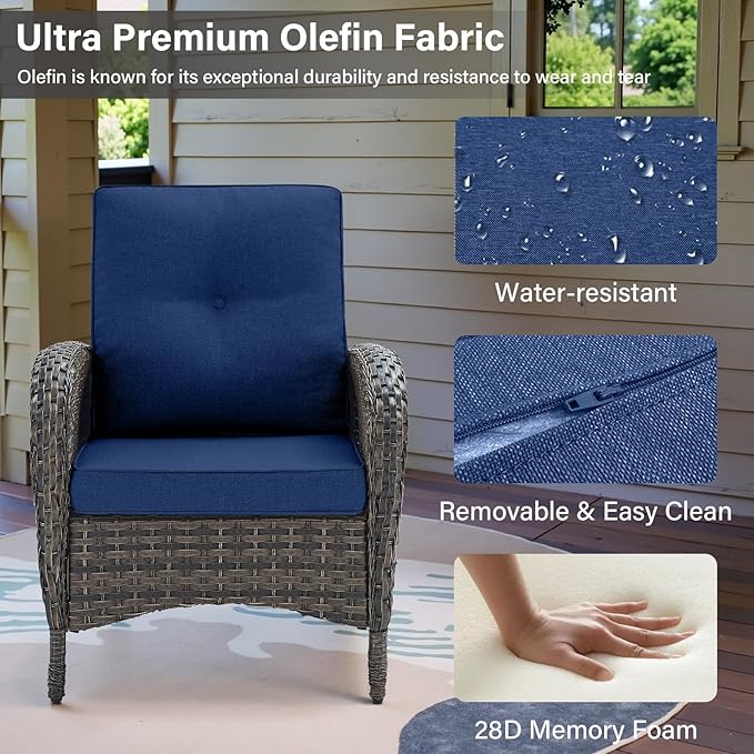 Belord Patio Club Chair Wicker Chairs - Outdoor High Back Chair Set of 2 Patio Furniture Set Rattan Seating with Removable Cushions for Porch Balcony Deck Pool Brown/Blue