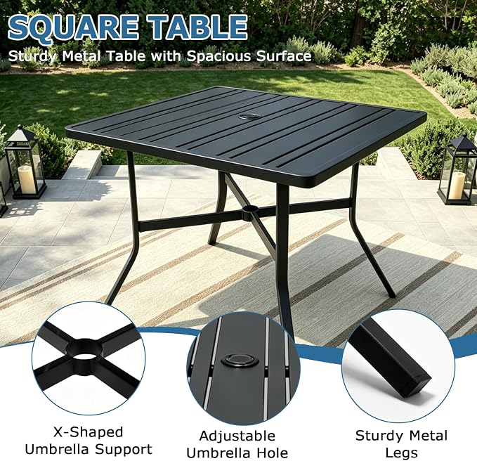 Black Outdoor Square Metal Table with Umbrella Hole, Patio Dinner Table for 4, All-Weather Outdoor Steel Dining Table for Deck, Porch, Backyard
