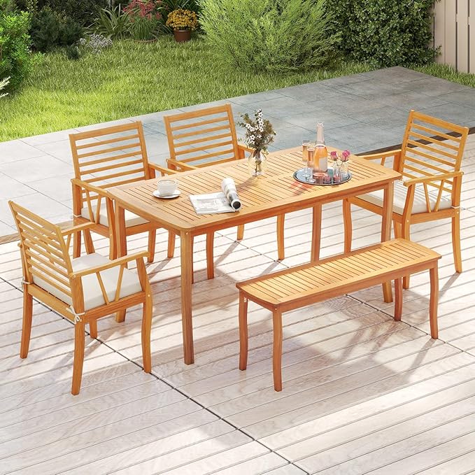 Tangkula 6 Pieces Acacia Wood Patio Dining Set, Outdoor Table and Chairs Set with Bench, 1.97” Umbrella Hole and Cushions, Outside Dining Furniture Set for Deck, Garden and Backyard